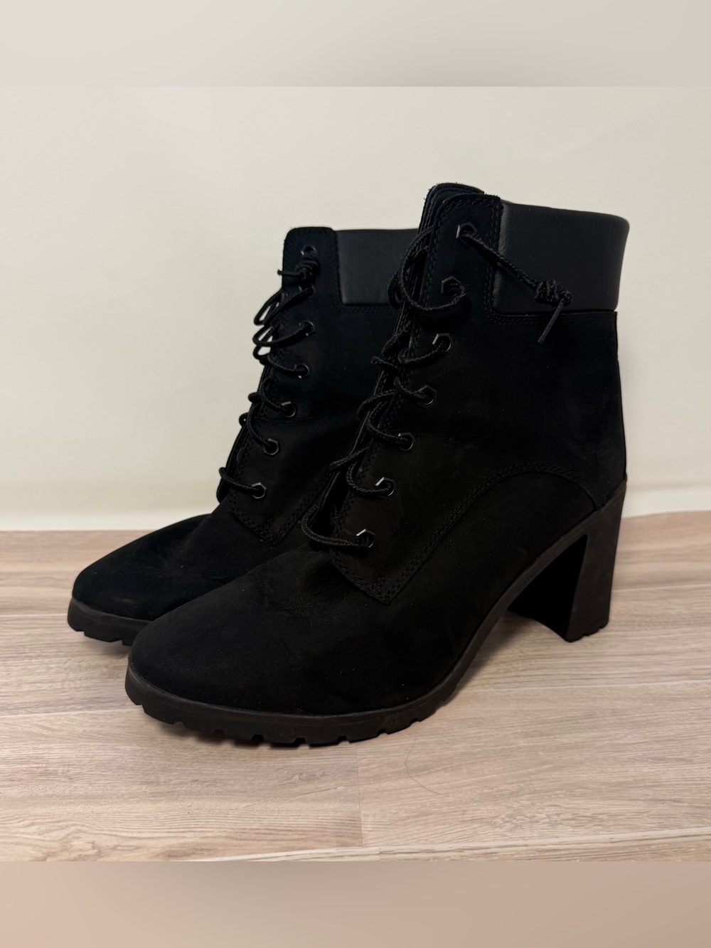 Women’s Timberland Allington Black Lace Up Block Heel Leather Boots Size 9.5